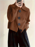 Plus Size Solid Color Button Front Knitted Cardigan, Stylish Casual Long Sleeve Cardigan For Fall & Winter, Women's Plus Size Clothing
