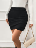 Solid Pleated Cross Hem Skirt, Elegant High Waist Bodycon Skirt For Spring & Fall, Women's Clothing