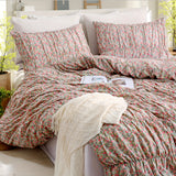 Purpdrank  Ruched Floral Duvet Cover Queen Size, 100% Cotton Farmhouse Shabby Chic Garden Bedding Sets Boho Pink Flower 3pcs Soft Comforter Cover Set with Pillowcases for All Seasons And Girls Women Room Decor