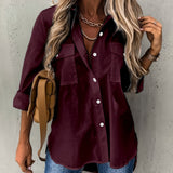 Purpdrank Womens Long Sleeve Lapel Collar Shirt - Soft Micro Elastic Polyester Fabric, Semi-Sheer, Pocket Detail, All-Season Casual Wear for Office and Daily Life