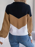 Cozy Colorblock Knit Lapel Collar Sweater - Soft Mid-Elastic Acrylic Fabric, Casual Long Sleeve Design, Hand Washable, Perfect for Fall and Winter - Womens Clothing