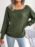 Chic Casual Women's Pullover Sweater - Round Neck, Lantern Sleeves, Textured Buttons, Perfect for Spring/Fall