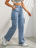 High-Waisted Y2K Kpop-Inspired Denim Cargo Jeans - Side Flap Pockets, Light Wash, Casual Slash Pockets, Comfortable Fabric, Stylish Design, Women's Fashionable Clothing for Everyday Wear
