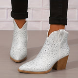 Women's Rhinestone Decor Ankle Boots, Pointed Toe Chunky Heeled Cowboy Boots, V-cut Pull On Boots for Music Festival