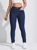 Stylish High-Waist Ankle-Length Dark Blue Skinny Jeans - Soft Stretch Denim, Comfortable Fit, Flattering Silhouette, Autumn Essential - Women's Basic Style Pants