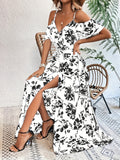 Floral Print Cold Shoulder Belted Dress, Elegant Split Sleeveless Aline Dress For Spring & Summer, Women's Clothing