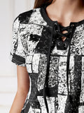 Vibrant Graphic Lace Up V Neck T-shirt - Short Sleeve, Adjustable Closure, Flattering Neckline, Perfect for Casual Summer Wear - Womens Clothing, Graphic Print Design, Ideal for Warm Weather