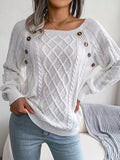 Chic Casual Women's Pullover Sweater - Round Neck, Lantern Sleeves, Textured Buttons, Perfect for Spring/Fall