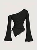 Women'S Casual Asymmetrical Neck Long Sleeve T-Shirt - Solid Color Knit Fabric Top with Ribbed Texture, Polyester Blend (95% Polyester, 5% Elastane) for Fall/Winter