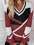 Women's Geometric Color Block Sweater - V-Neck, Long Sleeve, Knitted, Casual Pullover for Fall and Winter Season, Fashionable Clothing for Ladies