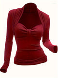 Chic Solid Color Ruched T-Shirt - Flattering Slim Fit with Fashionable Ruching - Versatile Long Sleeves for Spring & Fall - A Must-Have Womens Wardrobe Staple
