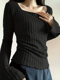 Women'S Y2K Square Neck Flounce Sleeve Top, Knitted Frill Detail Blouse, Polyester Spandex Blend, Solid Color, Regular Fit, Spring/Fall - Vintage Inspired Casual Shirt