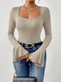 Rib Knit Scoop Neck Sweater, Casual Long Sleeve Sweater For Fall & Winter, Women's Clothing