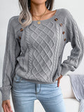 Chic Casual Women's Pullover Sweater - Round Neck, Lantern Sleeves, Textured Buttons, Perfect for Spring/Fall
