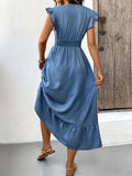 Textured Surplice Neck Shirred Waist Dress, Elegant Ruffle Sleeve A-line Maxi Dress For Spring & Summer, Women's Clothing