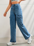 High-Waisted Y2K Kpop-Inspired Denim Cargo Jeans - Side Flap Pockets, Light Wash, Casual Slash Pockets, Comfortable Fabric, Stylish Design, Women's Fashionable Clothing for Everyday Wear