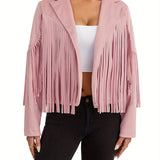 Purpdrank Long Sleeve Solid Color Open Front Coat - Women's Collared Jacket with Tassels - Black, Coffee, Pink