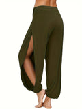 Long Length Elegant Harem Pants - Micro Elastic Polyester, Semi-Sheer, Solid Color, Ruffled Corset Leg, Machine Washable, Perfect for Spring and Fall - Womens Clothing