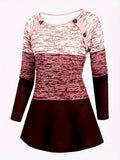 Plaid & Stripe Print Colorblock T-Shirt, Casual Long Sleeve Crew Neck Top For Spring & Fall, Women's Clothing