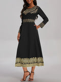 Vintage Chic Long Sleeve Elegant Dress - Women's Crew Neck Dresses for Spring and Fall - Comfortable, Classic, and Versatile Clothing for Everyday Wear