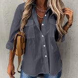 Purpdrank Womens Long Sleeve Lapel Collar Shirt - Soft Micro Elastic Polyester Fabric, Semi-Sheer, Pocket Detail, All-Season Casual Wear for Office and Daily Life