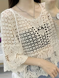 Cut Out Knitted Pullover Sweater, Casual Crew Neck Sweater, Women's Clothing