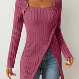 Purpdrank Chic Ribbed Long Sleeve Top with Unique Button Accent - Asymmetrical Hem - Perfect for Womens Spring & Fall Fashion
