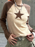 Vibrant Star Print Colorblock Crew Neck Long Sleeve T-Shirt - Soft, Breathable, and Stylish Top for Spring and Fall - Women's Casual Clothing for Everyday Wear