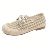 Purpdrank  Handmade Custom Artistic And Linen Style Shoes with a Fresh Checkered Design, Casual Lace-Up Flats for Women, New Craftsmanship Quality Student Shoes F09.