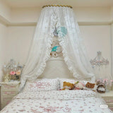 Purpdrank  White Lace Bed Canopy, Dreamy and Romantic Bedroom Decor with Metallic Leaf Crown Stand, Exquisite Bridal Chamber Decoration for Brides