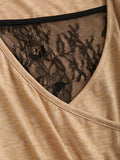 2-in-1 Chic Contrast Lace Ruched T-Shirt - Slim Fit, Short Sleeve, Breathable, Comfortable, Versatile - Perfect for Spring & Summer, Womens Fashion Clothing