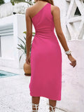 Purpdrank [Lace Up Split Hem Dress] Cut Out Lace Up Split Hem Dress, Elegant One Shoulder Sleeveless Dress For Spring & Summer, Women's Clothing