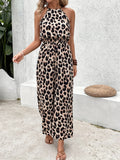 Purpdrank [Spring Jumpsuit Leopard Print Chic] Elegant Women's Leopard Print Sleeveless Jumpsuit - Chic Halter Neck, Wide-Leg Design with Tie Waist, Lightweight Polyester, Machine Washable for Spring/Summer/Fall