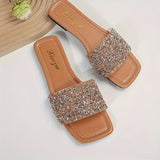 Purpdrank [Sparkly Sequin Sandals] Sparkly Sequin Women's Plus Size Flat Sandals - Square Toe, PU Cover, Rubber Sole, Easy Slip-On, Casual Summer Vacation Style, Perfect for Outdoor Wear