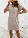 Solid Color V Neck Dress, Casual Short Sleeve Button Decor Dress For Spring & Summer, Women's Clothing
