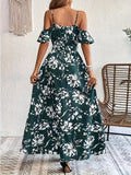 Floral Print Cold Shoulder Belted Dress, Elegant Split Sleeveless Aline Dress For Spring & Summer, Women's Clothing