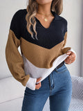 Cozy Colorblock Knit Lapel Collar Sweater - Soft Mid-Elastic Acrylic Fabric, Casual Long Sleeve Design, Hand Washable, Perfect for Fall and Winter - Womens Clothing
