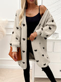 Cozy Heart Pattern Knitted Cardigan - Soft, Casual, Long Sleeve, Drop Shoulder, Open Front, Winter & Fall Essential - Womens Comfortable Clothing for Everyday Wear