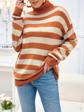 Cozy Striped High Neck Turtle Neck Pullover Sweater - Soft Micro Elastic Acrylic Knit Fabric, Elegant Winter Long Sleeve Drop Shoulder Casual Top - No Printing, Non-Sheer, Color Block Patterned
