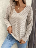 Women's Elegant Long Sleeve V-Neck Knitted Sweater - Solid Color, Regular Fit, Pullover Style with Hollow-Out Detail in Polyester for Spring/Fall