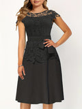 Chic Spring/Fall Elegance: Timeless Belted Lace Contrast A-Line Dress, Easy Maintenance & Comfort Fit