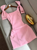 Purpdrank  Women'S Y2K Pink Bow-Decorated Square Neck Slim Fit Dress - Stretchy Polyester-Spandex Blend, Machine Washable, Spring/Fall Casual & Formal Wear