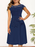 Chic Spring/Fall Elegance: Timeless Belted Lace Contrast A-Line Dress, Easy Maintenance & Comfort Fit