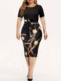 Chic Chain Print Womens Sheath Dress - Short Sleeve, Tie Waist, Casual Style - Perfect for Spring & Summer - A Fashion Must-Have for Your Wardrobe