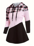 Womens Color Block Plaid Print Hoodie with Drawstring - Stylish Casual Sweatshirt for Everyday Comfort - Trendy Long Sleeve Design