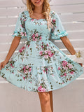 Floral Print Shirred Waist Dress, Elegant Short Sleeve Square Neck Dress, Women's Clothing