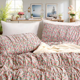 Purpdrank  Ruched Floral Duvet Cover Queen Size, 100% Cotton Farmhouse Shabby Chic Garden Bedding Sets Boho Pink Flower 3pcs Soft Comforter Cover Set with Pillowcases for All Seasons And Girls Women Room Decor