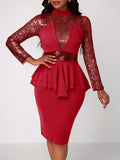 Vintage Chic Solid Sequin Long Sleeve Bodycon Pencil Dress - Tie Waist, Hip Hugging, Flattering Fit - Women's Clothing, Perfect for Party, Night Out, or Special Occasion