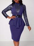Vintage Chic Solid Sequin Long Sleeve Bodycon Pencil Dress - Tie Waist, Hip Hugging, Flattering Fit - Women's Clothing, Perfect for Party, Night Out, or Special Occasion