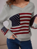 American Flag Print V Neck Sweater, Casual Long Sleeve Sweater For Spring & Fall, Women's Clothing